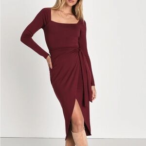 Lulus Women S Truly Timeless Burgundy Long Sleeve Midi Wrap Dress NWT